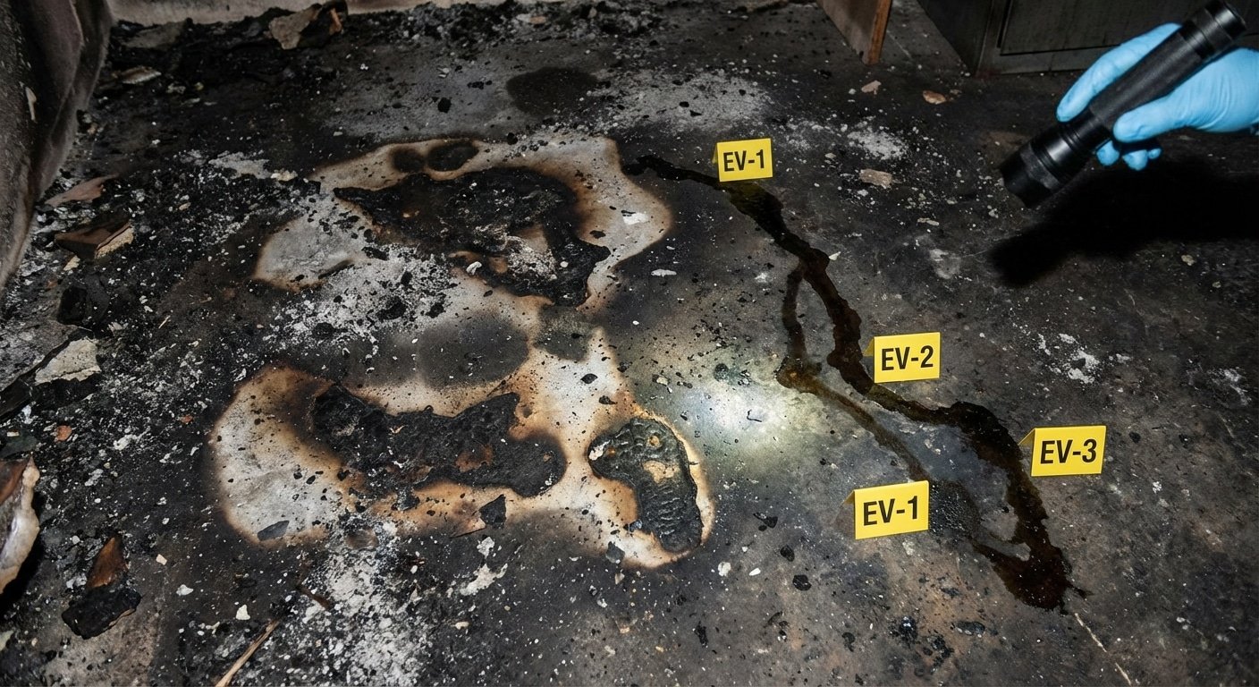 Traces d accelerant de feu au sol lors d une investigation d incendie criminel