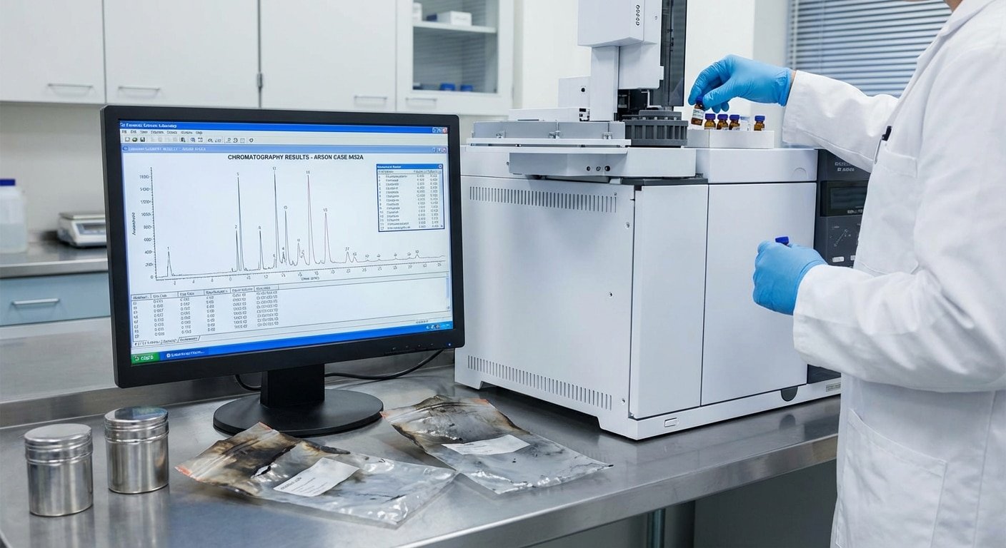 Laboratoire forensique analysant des echantillons de combustible preleves sur une scene d incendie criminel presume