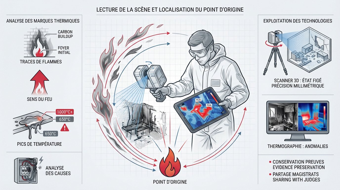 Expertise technique sur une scène d'incendie pour localiser le point d'origine électrique