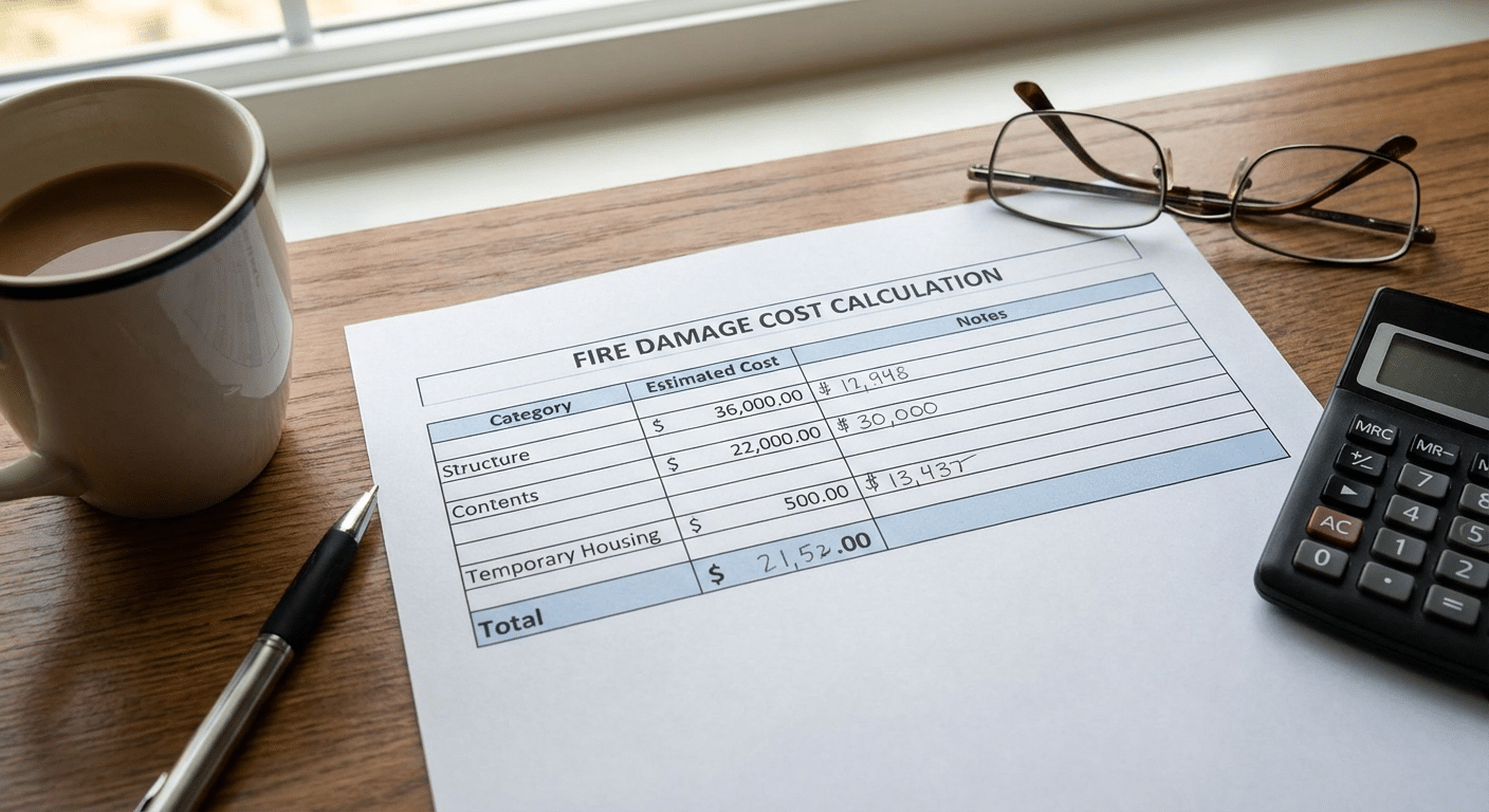 Tableur de calcul des couts de dommages incendie par categories structure contenu et relogement temporaire
