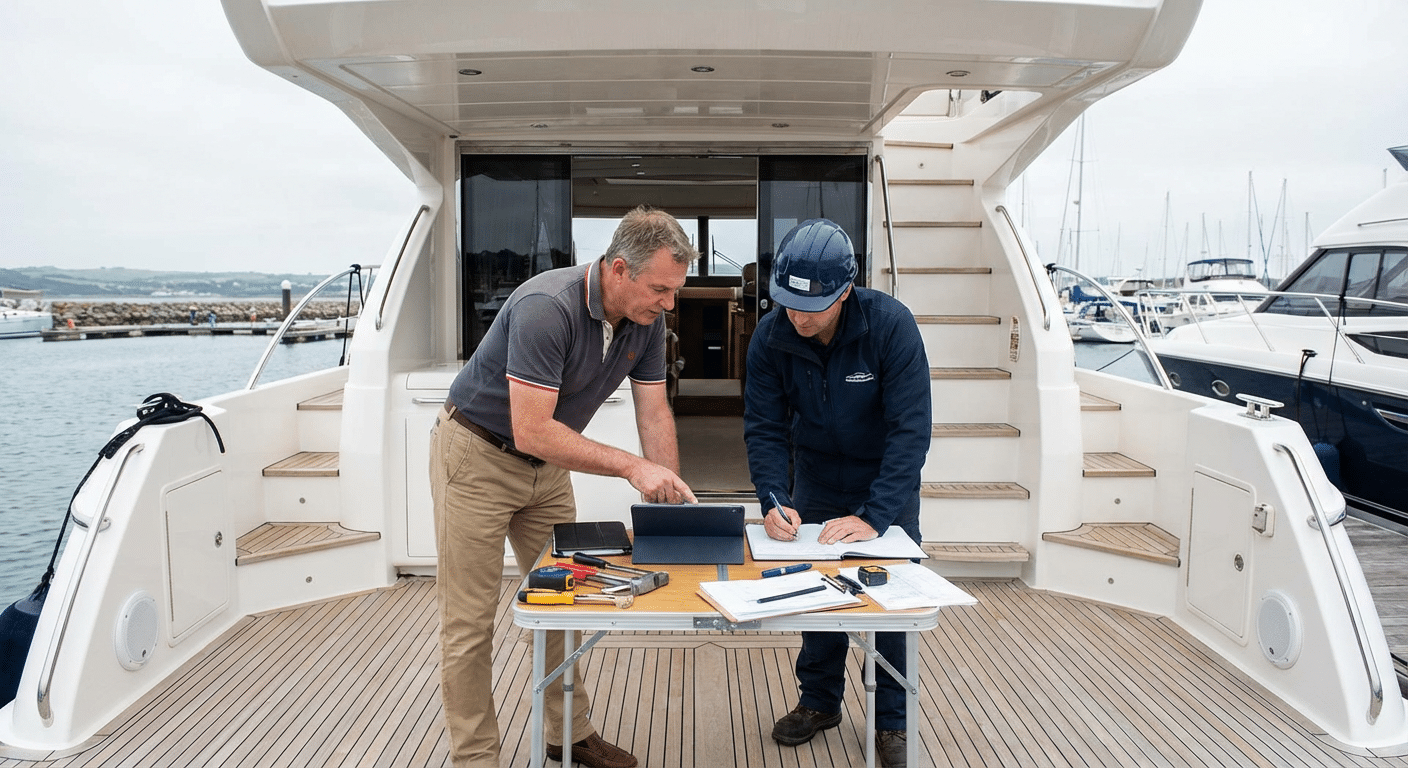 Acheteur et expert discutant des resultats d inspection sur le pont d un yacht
