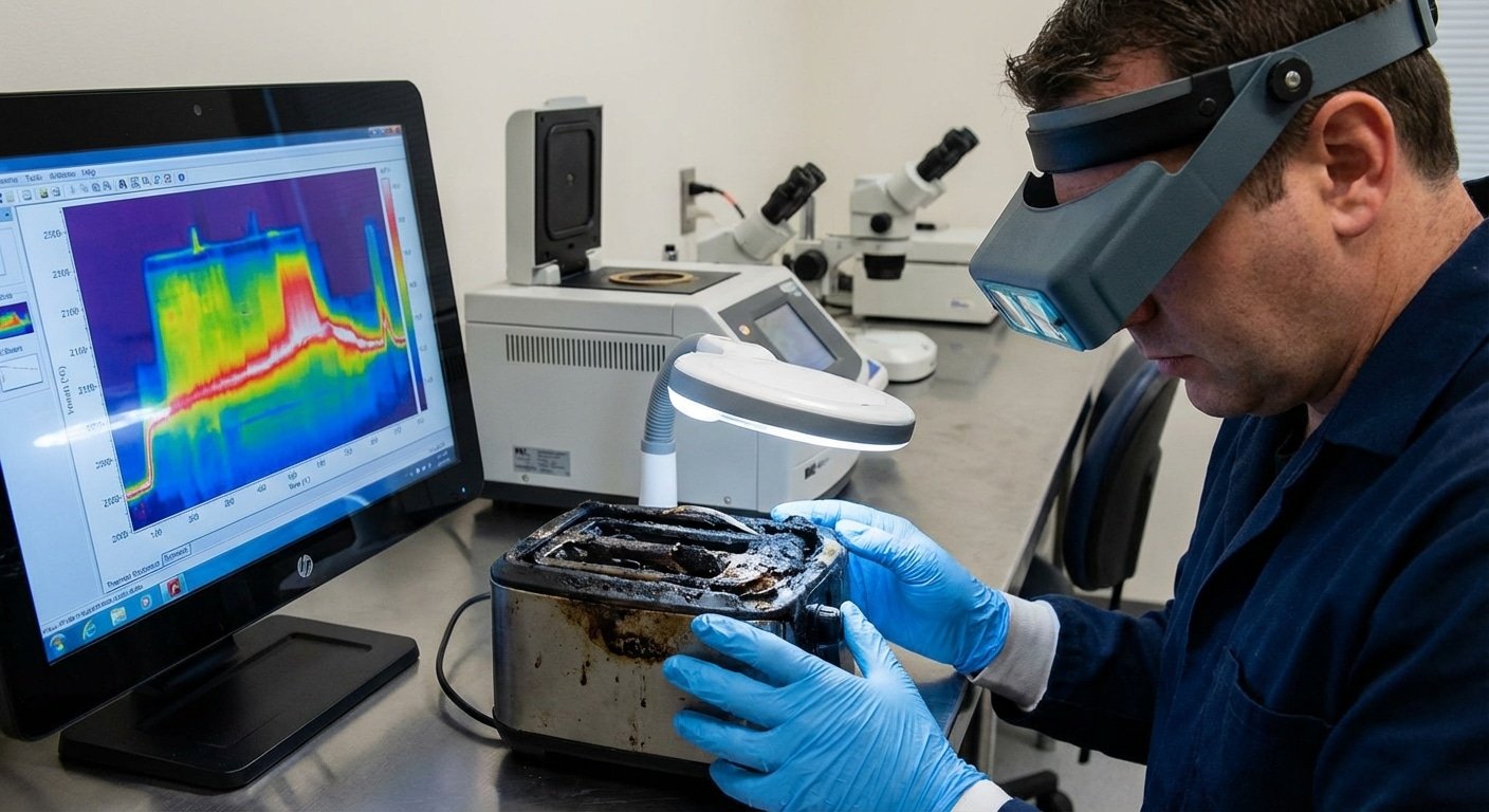 Expert incendie examinant un appareil brule en laboratoire avec equipement d analyse thermique
