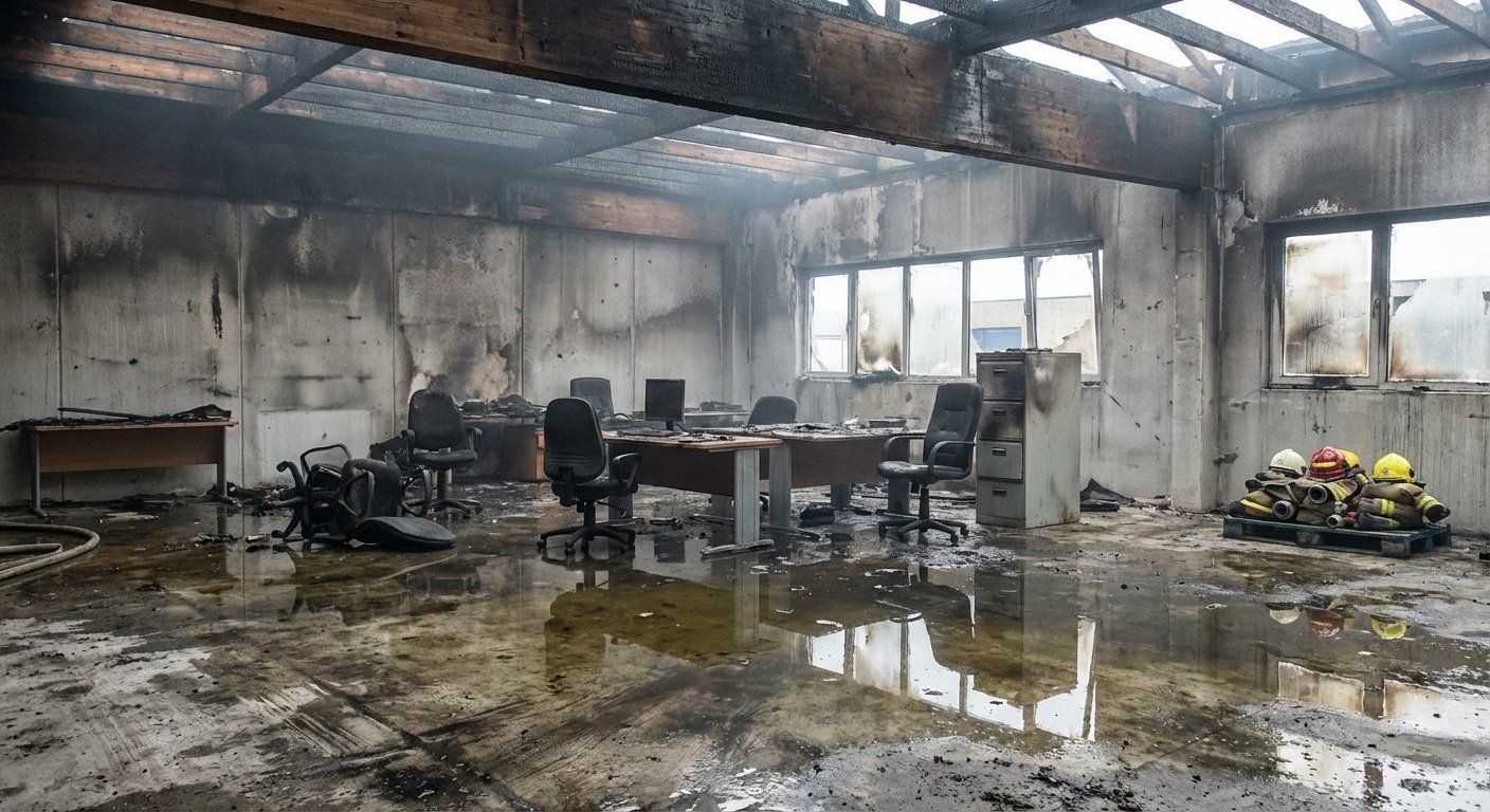 Interieur d'un batiment montrant les dommages collateraux d'un incendie