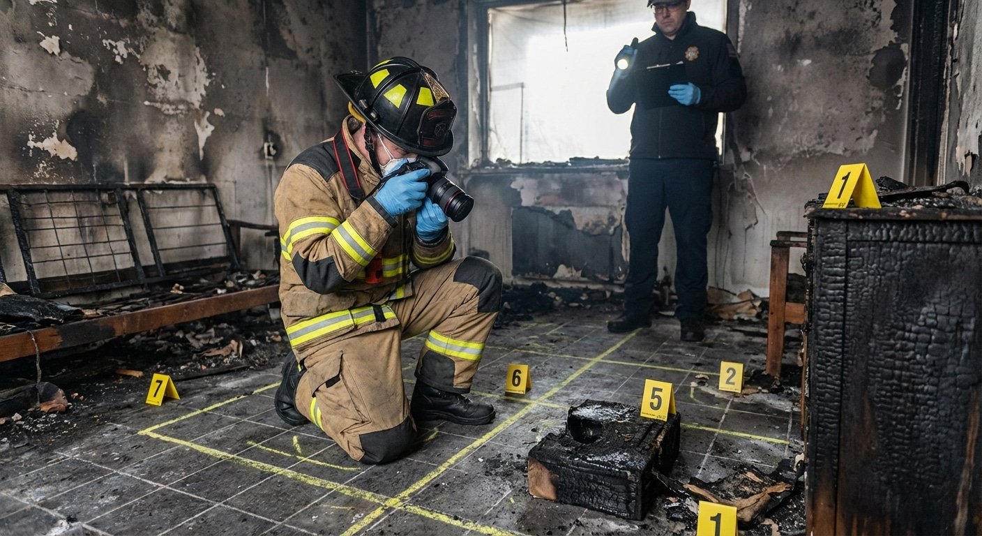 Investigateur incendie documentant les preuves dans une piece sinistree selon la methode de recherche systematique