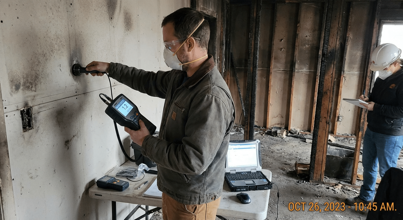 Expert independant mesurant la penetration des dommages de fumee dans les murs avec equipement specialise