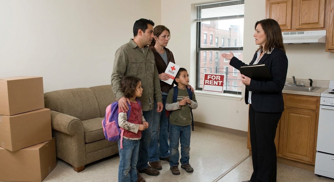 Agent immobilier presentant un logement temporaire a une famille sinistree