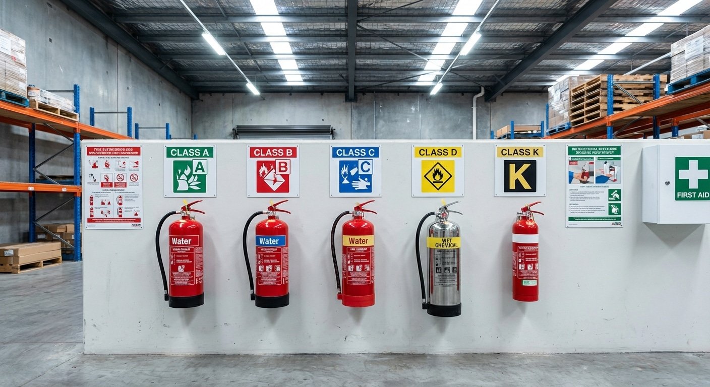Gamme d'extincteurs de differents types montes sur un mur industriel