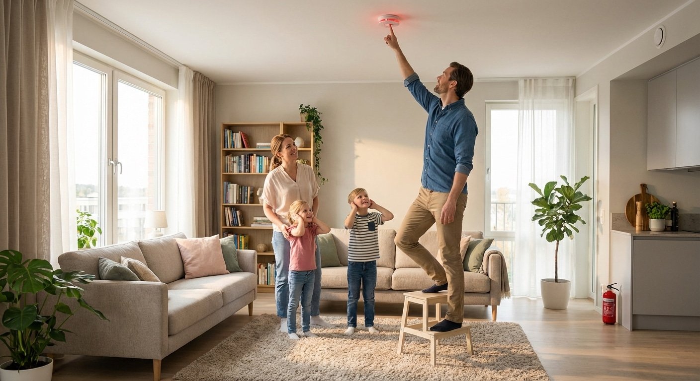 Famille testant le bon fonctionnement de leur detecteur de fumee