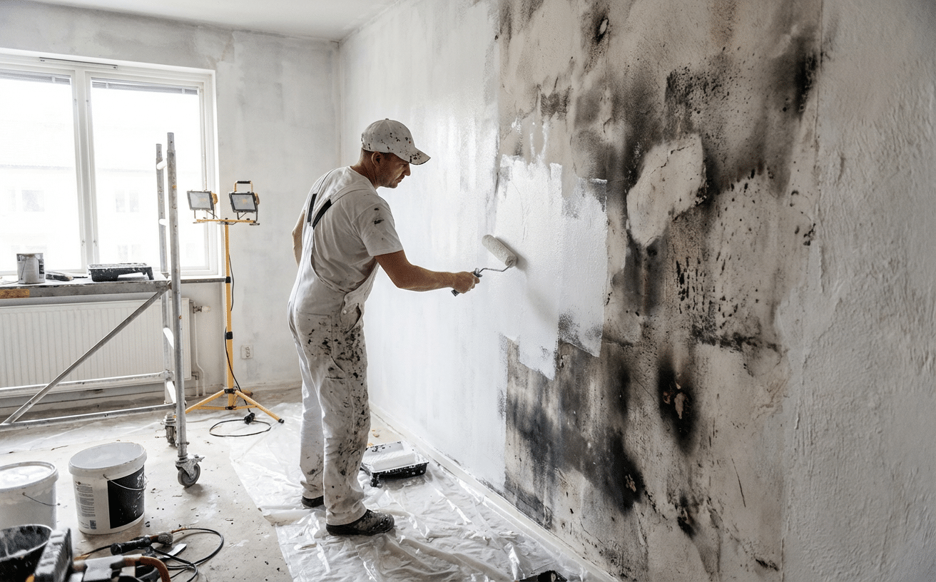 Application de peinture sur un mur nettoyé après un incendie