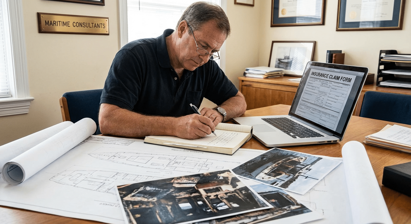 Expert maritime rédigeant un rapport d'évaluation des dommages