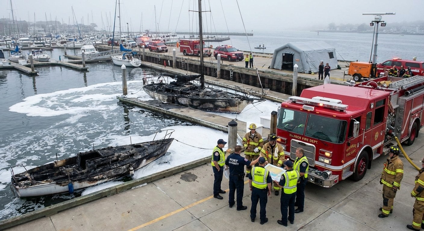Intervention des pompiers et sécurisation du port après un feu de bateau