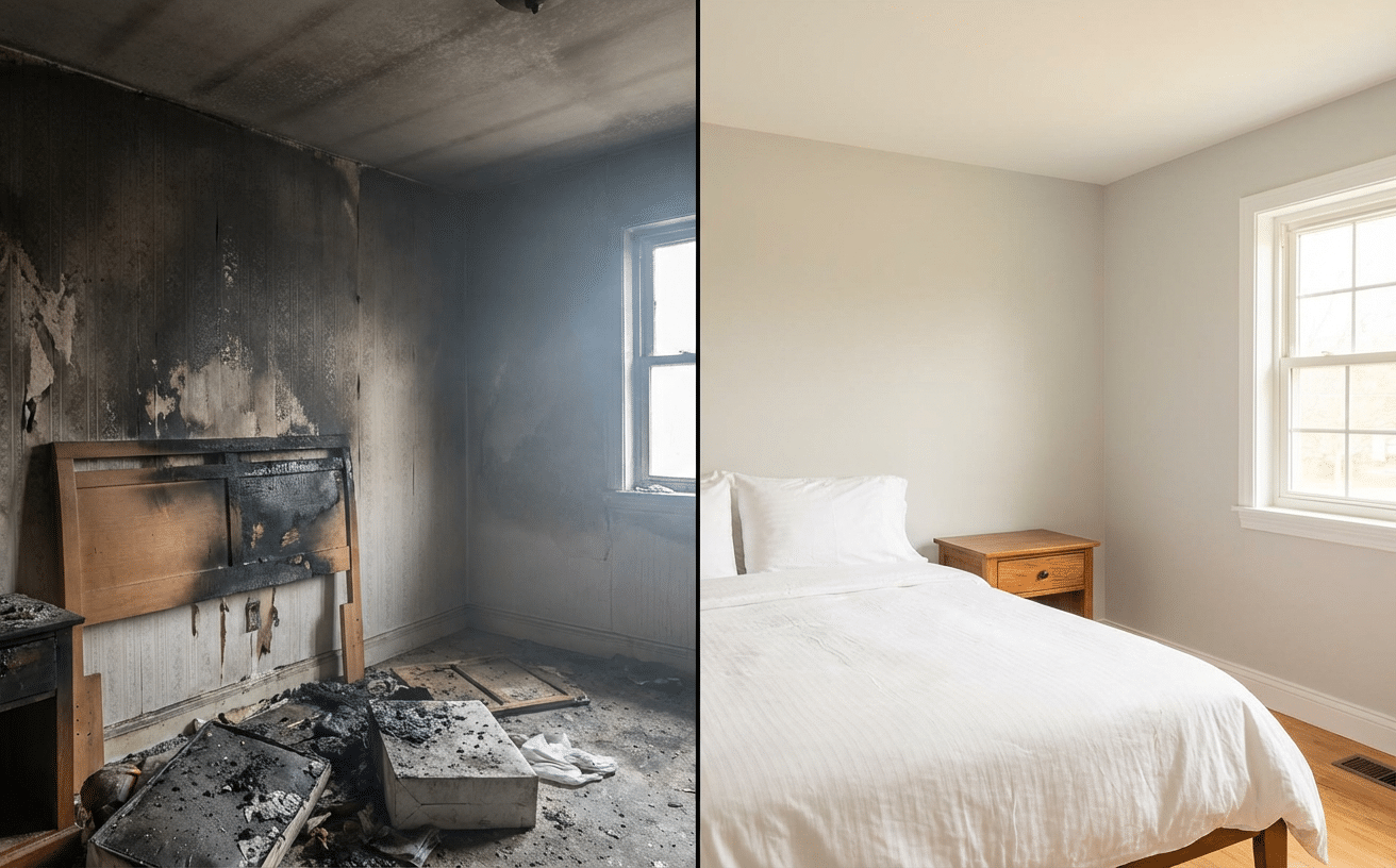 Avant et après le nettoyage professionnel d une chambre après incendie
