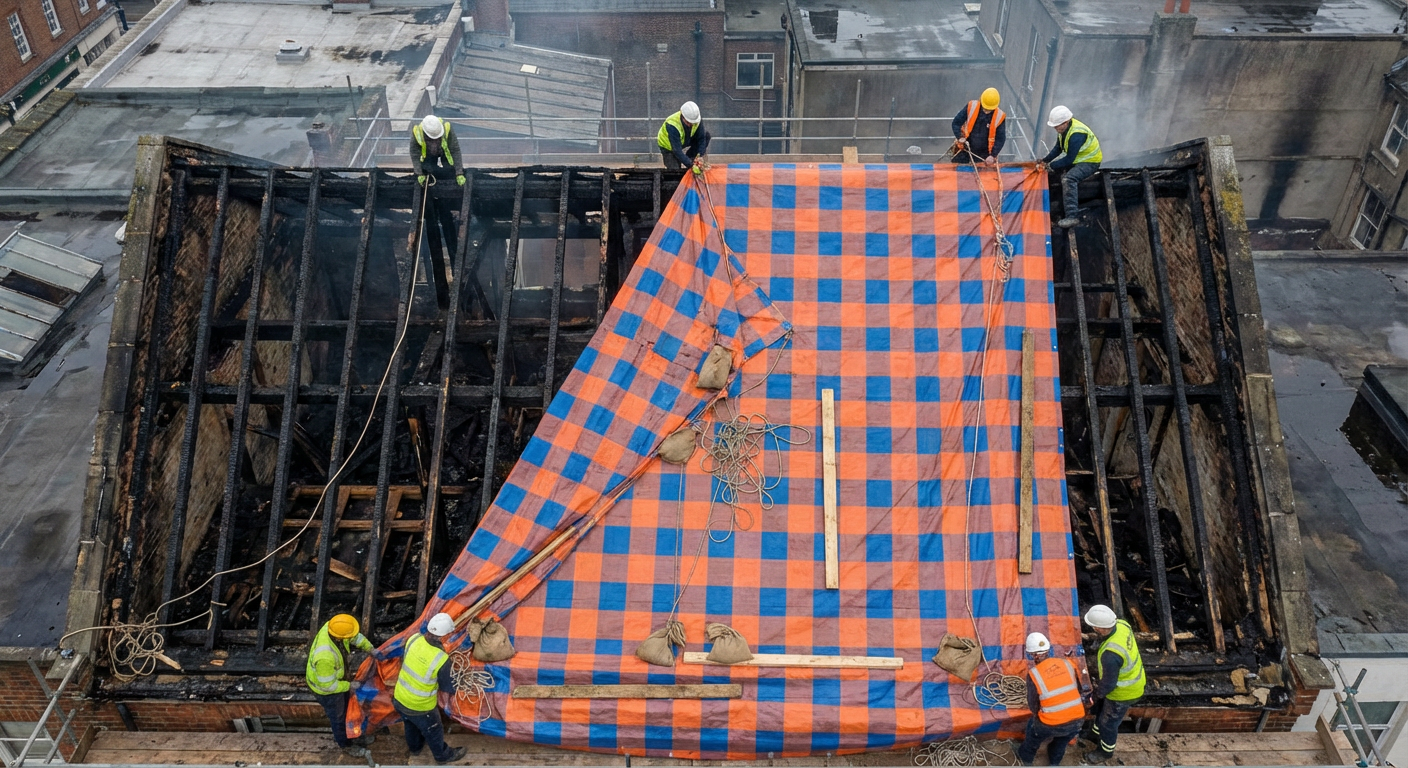 Bachage d'urgence sur toiture endommagee par le feu