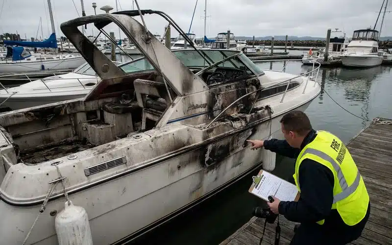Bateau endommage par un incendie dans un port de plaisance