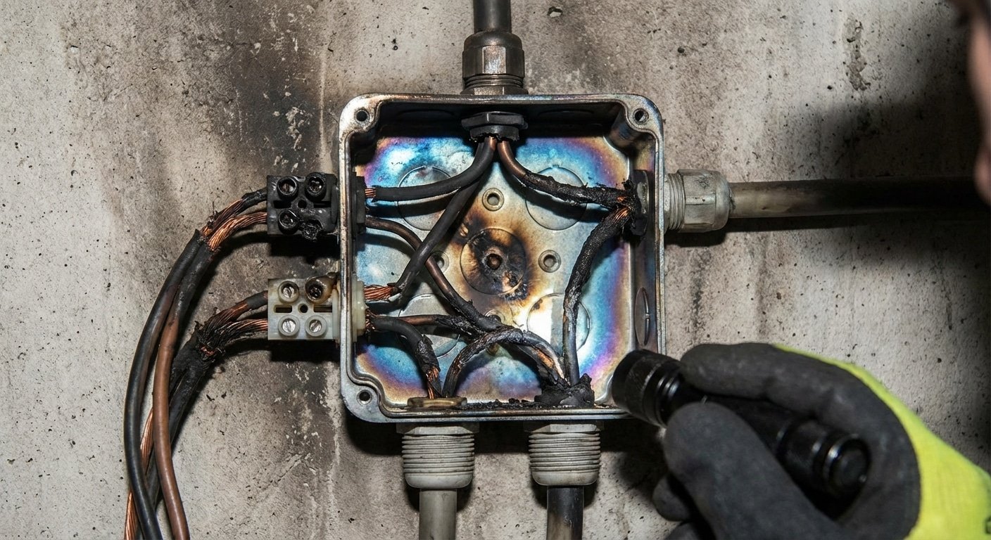 Boitier electrique brule montrant les traces de fusion et dommages sur les fils lors d une analyse RCCI