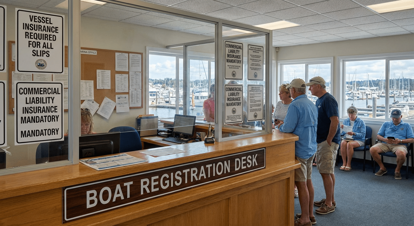 Bureau de marina avec affichage des exigences d assurance pour les bateaux