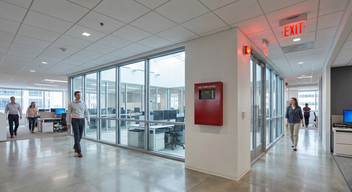 Bureau moderne équipé d'un système complet de prévention incendie