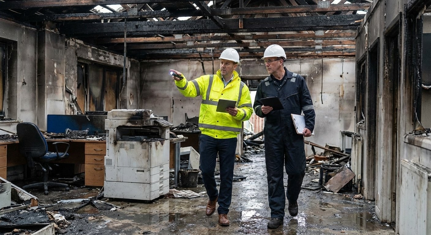 Expert d assurance et investigateur incendie inspectant un batiment commercial endommage par le feu
