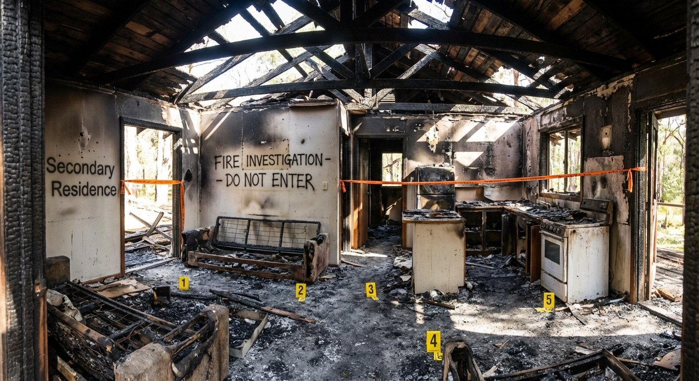 Intérieur sinistré d'une résidence secondaire après incendie