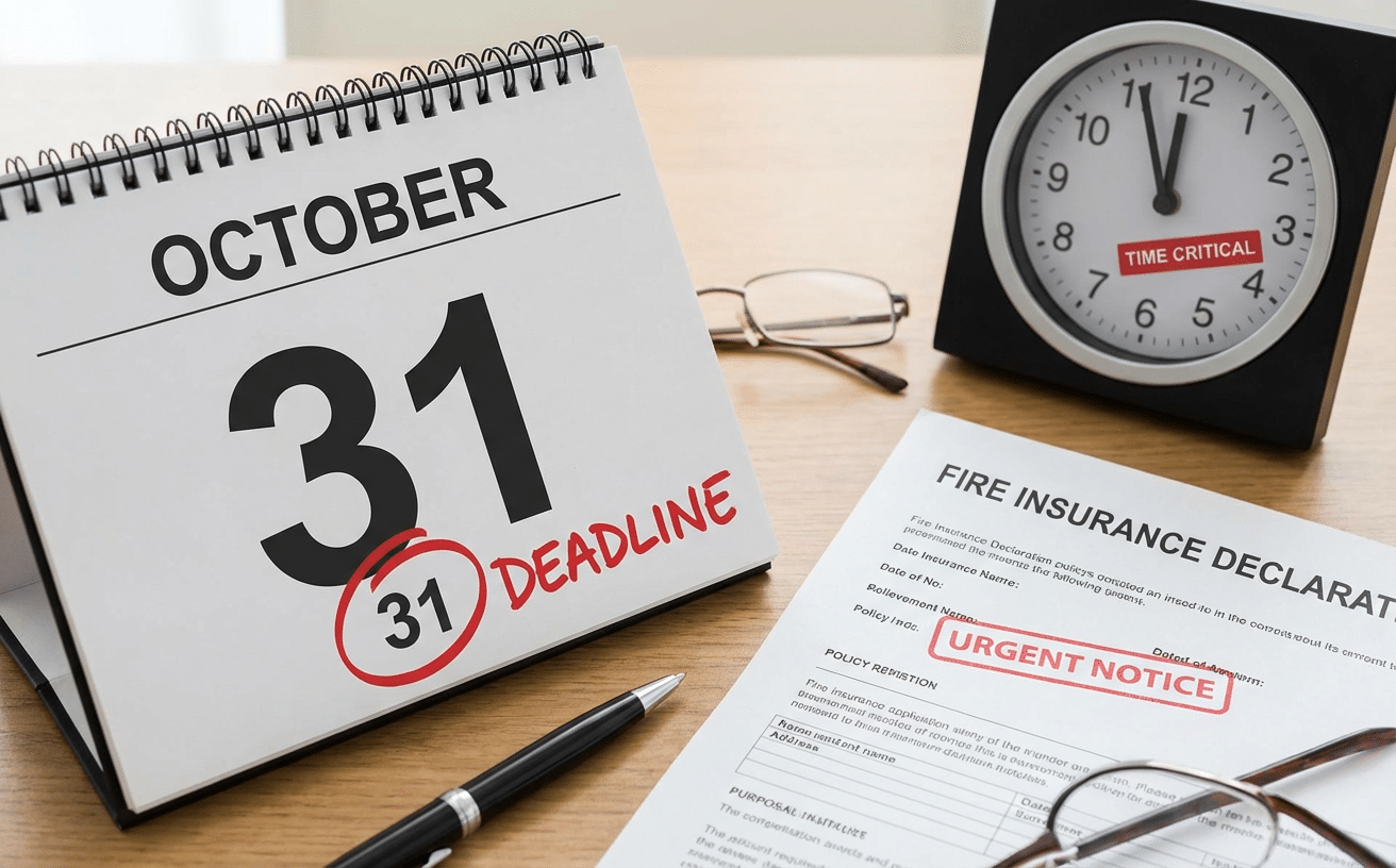 Calendrier avec date limite de déclaration de sinistre incendie et documents d’assurance