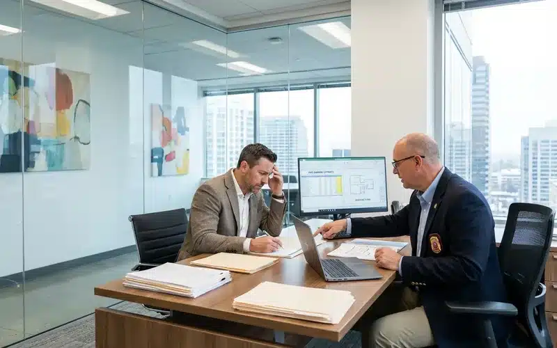 Chef d entreprise revisant les documents d indemnisation