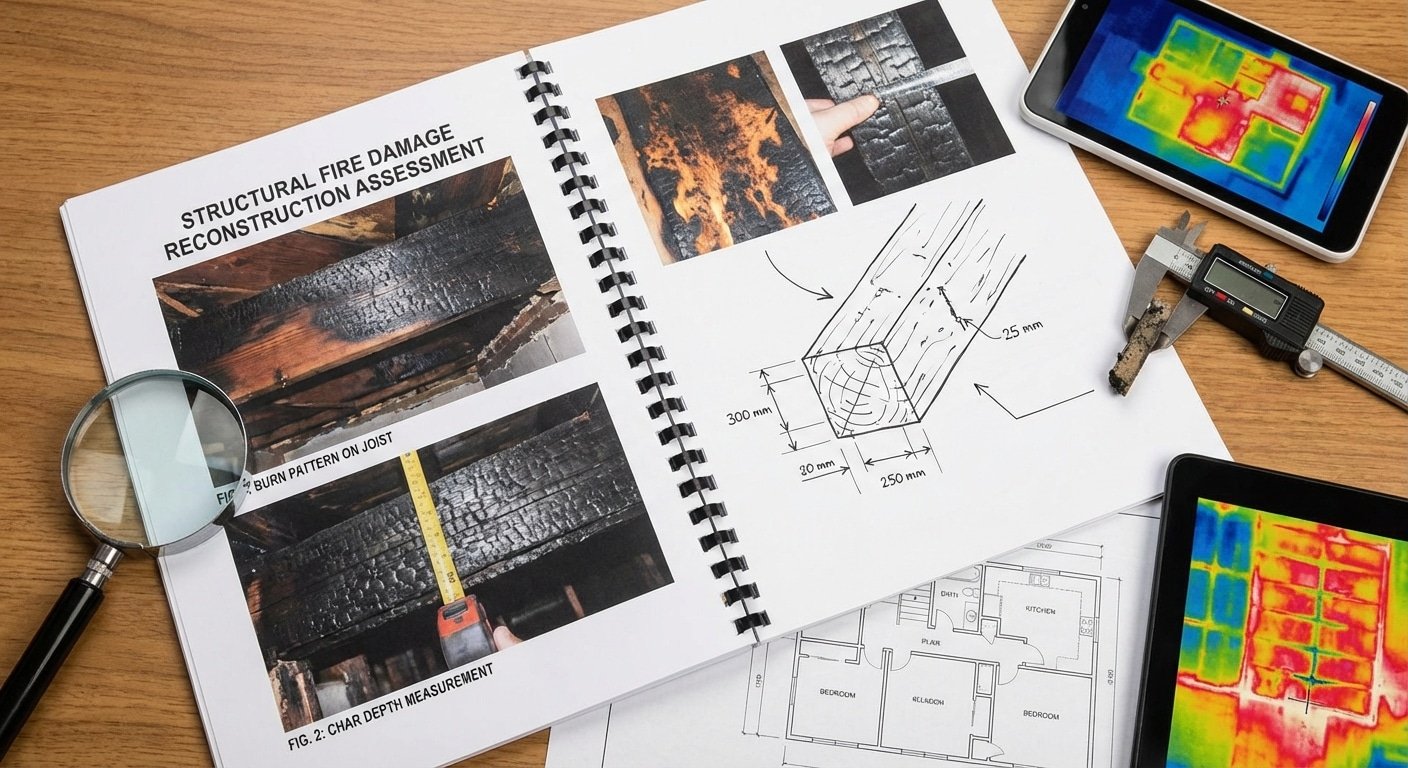 Compilation d un rapport d expertise incendie avec photos mesures et diagrammes d evaluation des degats