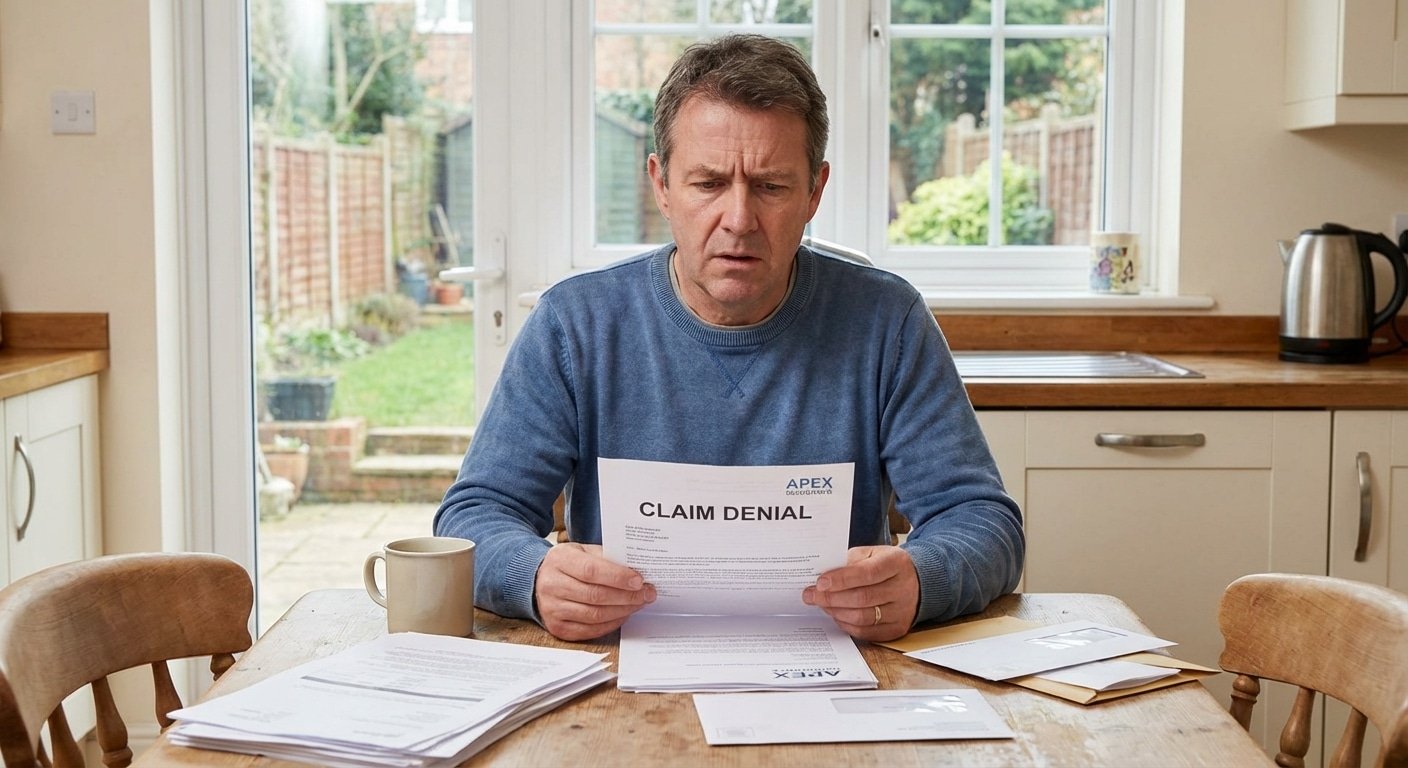 Proprietaire lisant une lettre de refus d indemnisation de son assurance avec documents sur la table