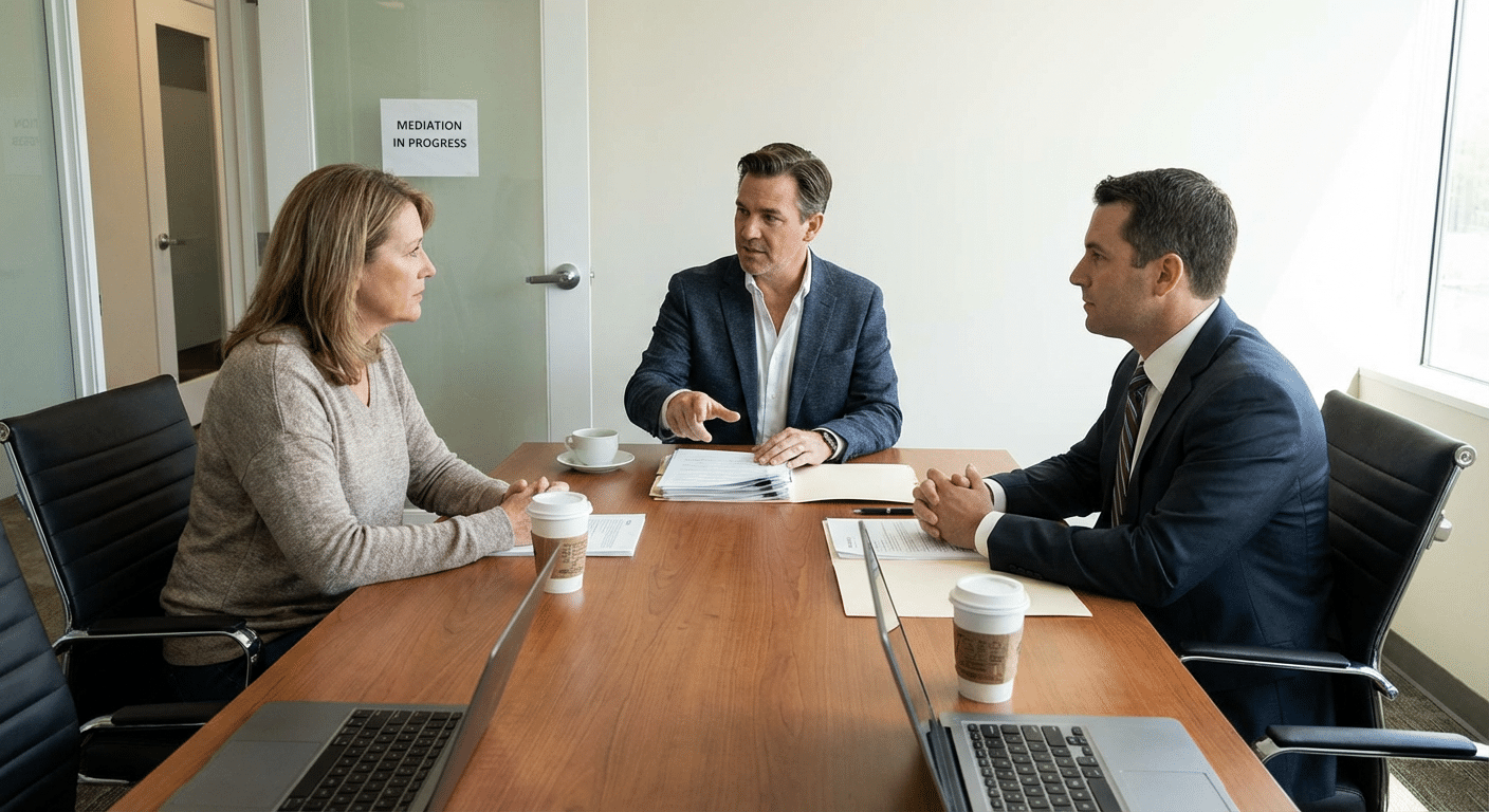 Reunion de mediation entre le proprietaire l expert independant et le representant de l assurance