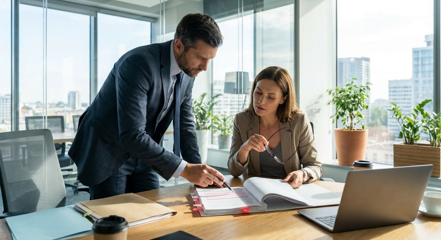 Courtier en assurance examinant un contrat incendie professionnel