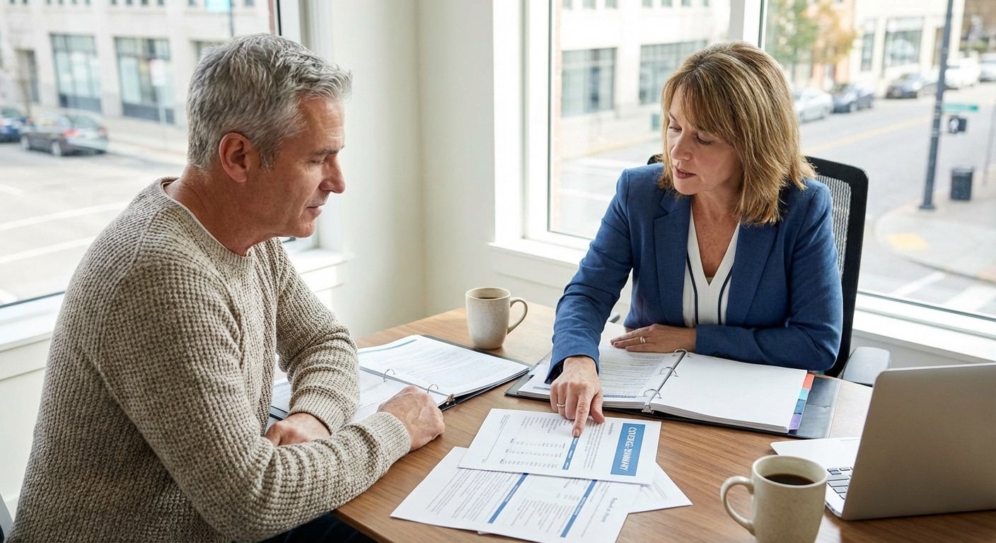 Courtier en assurance expliquant les limites de couverture incendie a un client