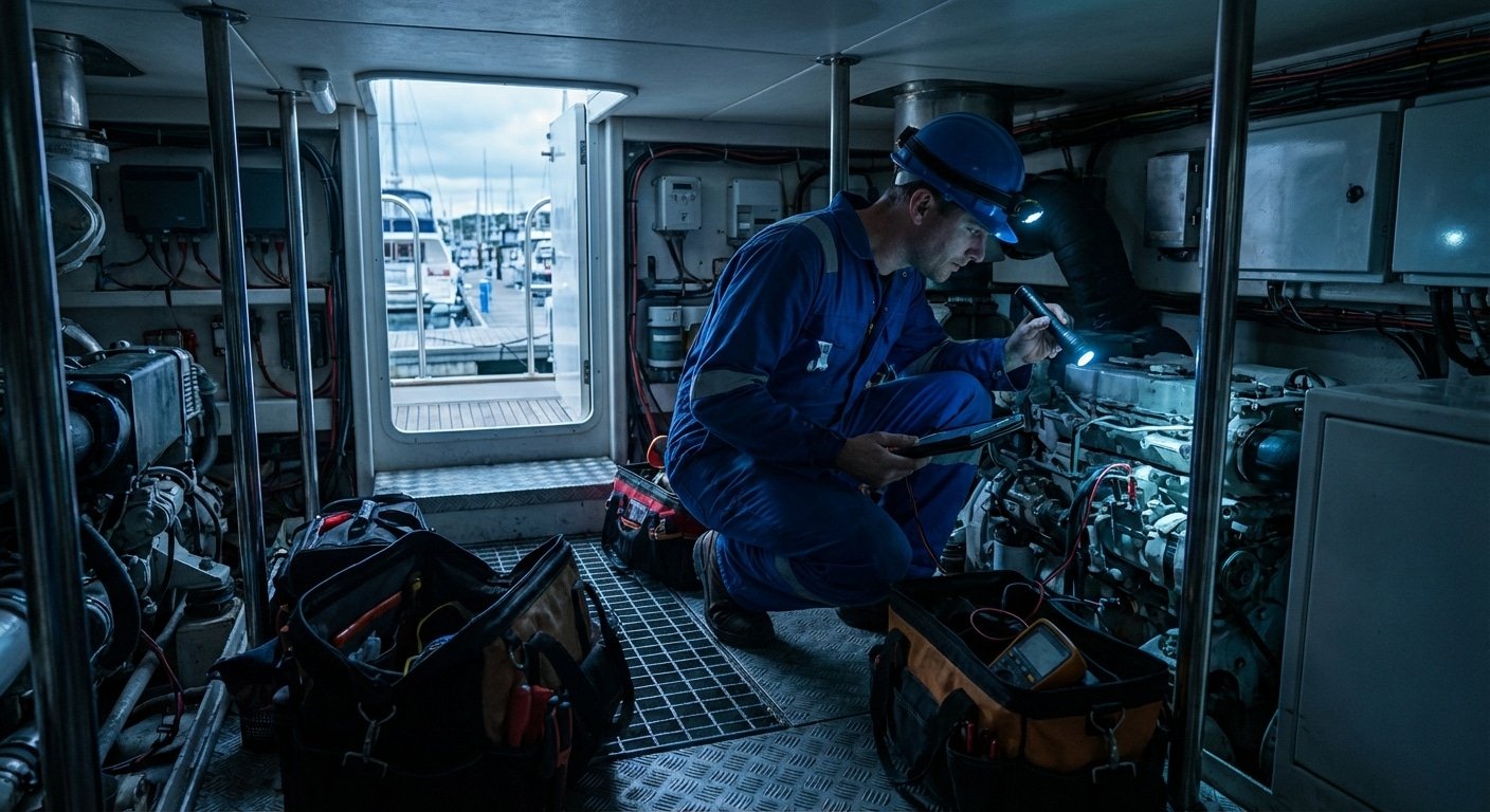 Cout expertise bateau avant achat - inspection moteur yacht en marina