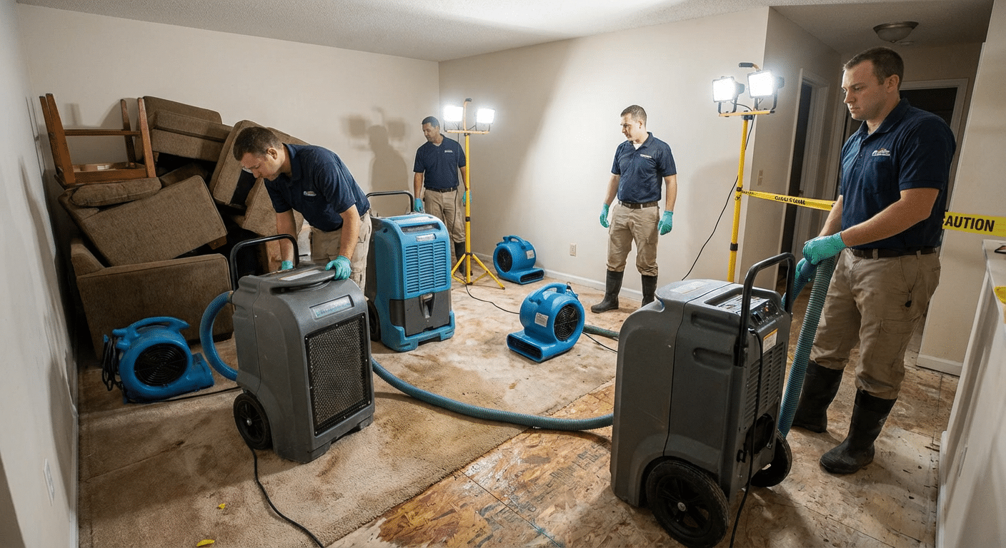 Equipe professionnelle de restauration apres degats des eaux avec deshumidificateurs