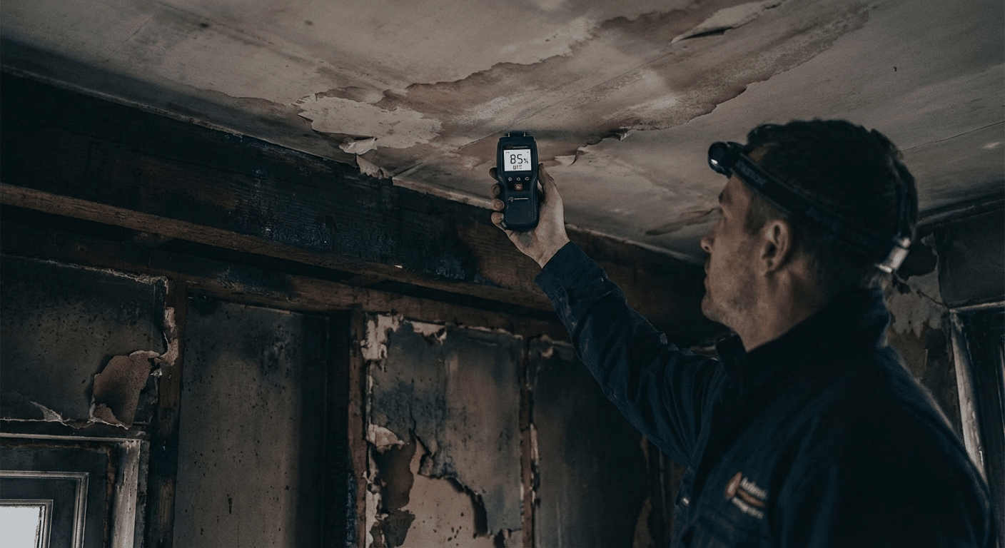 Degats des eaux au plafond apres incendie - mesure humidite et evaluation dommages