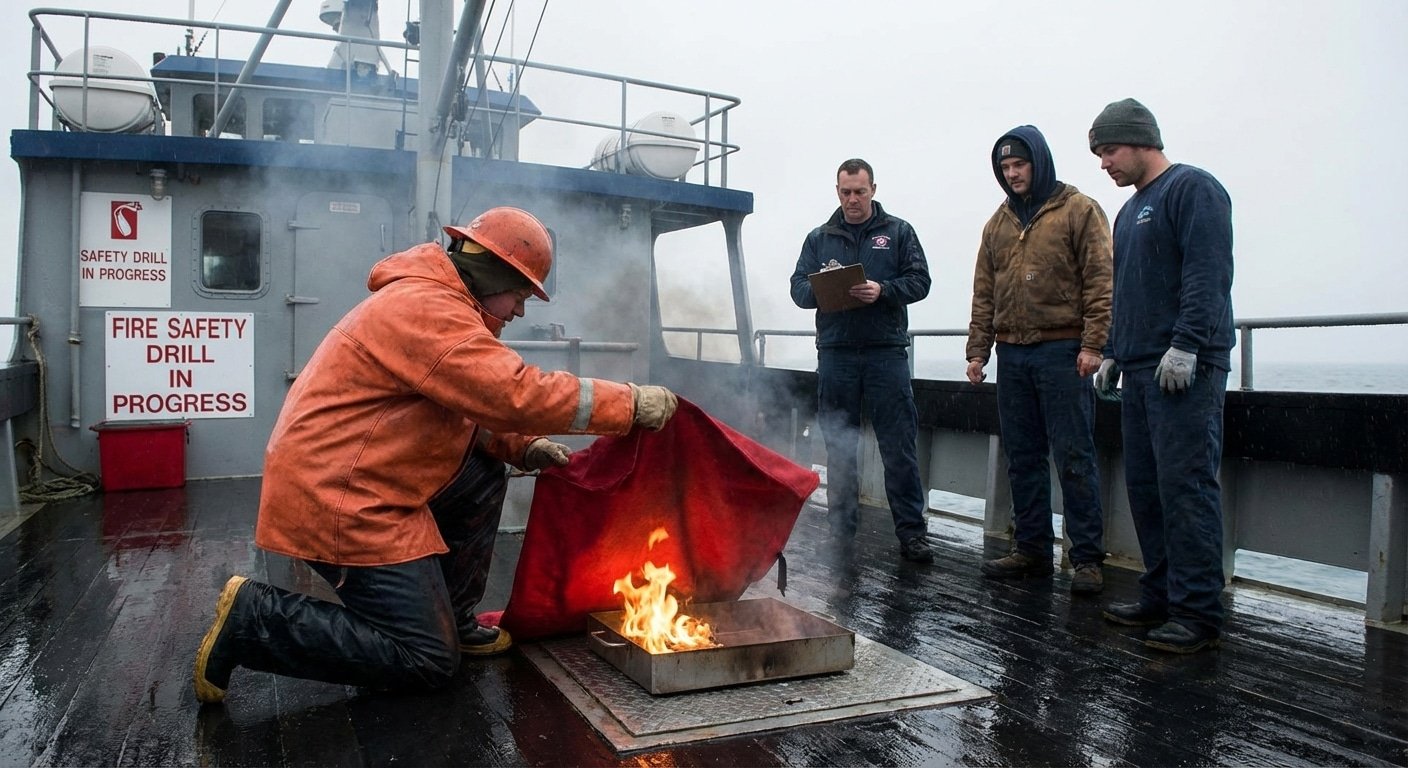 Demonstration couverture anti-feu sur bateau