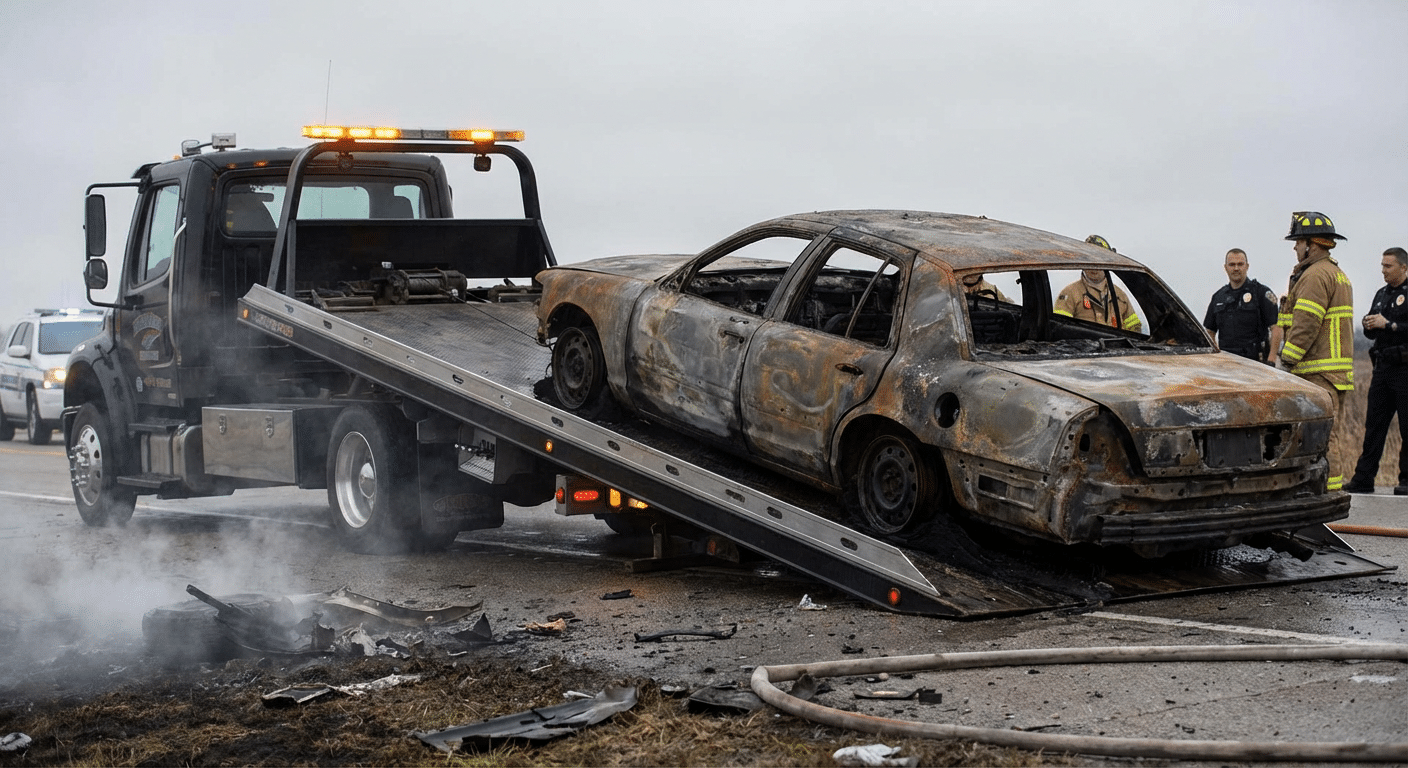 Depanneuse recuperant vehicule apres incendie
