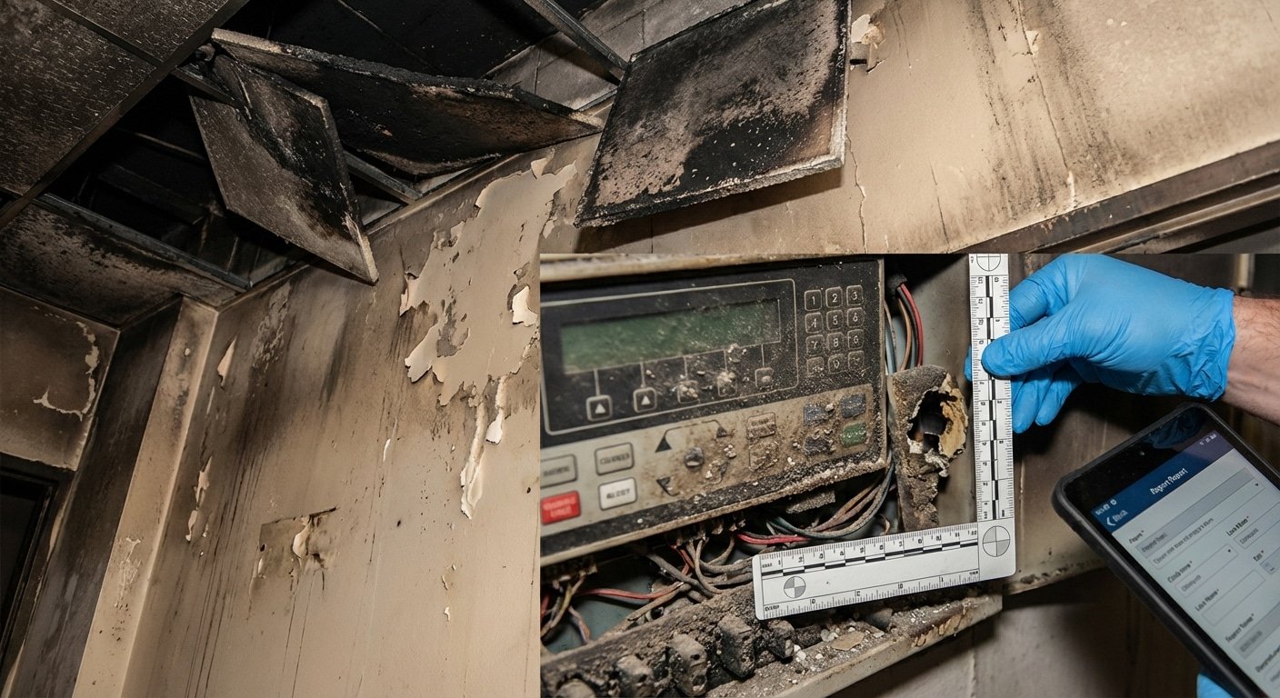 Degats de fumee et suie sur les surfaces d'un batiment apres incendie