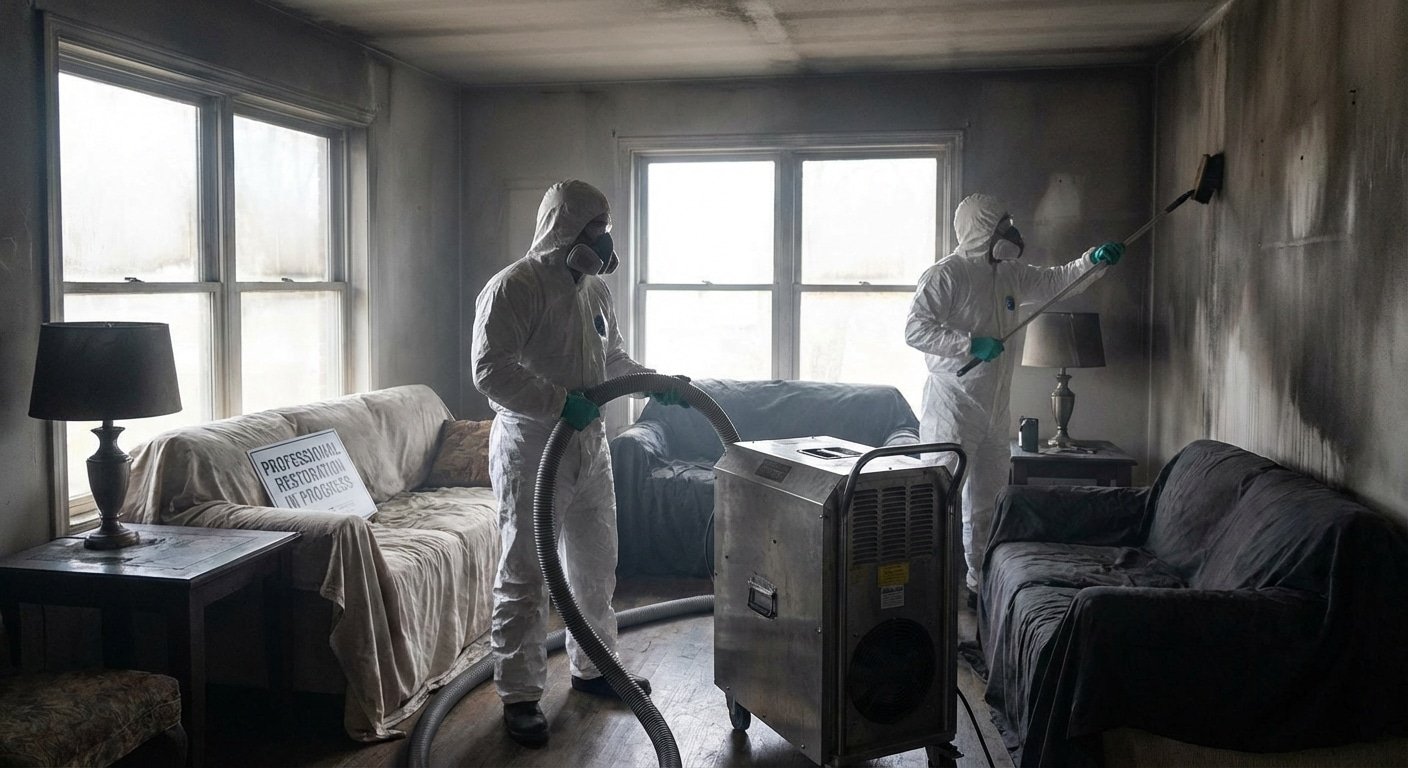 Desodorisation professionnelle apres incendie - traitement ozone dans une piece endommagee par la fumee