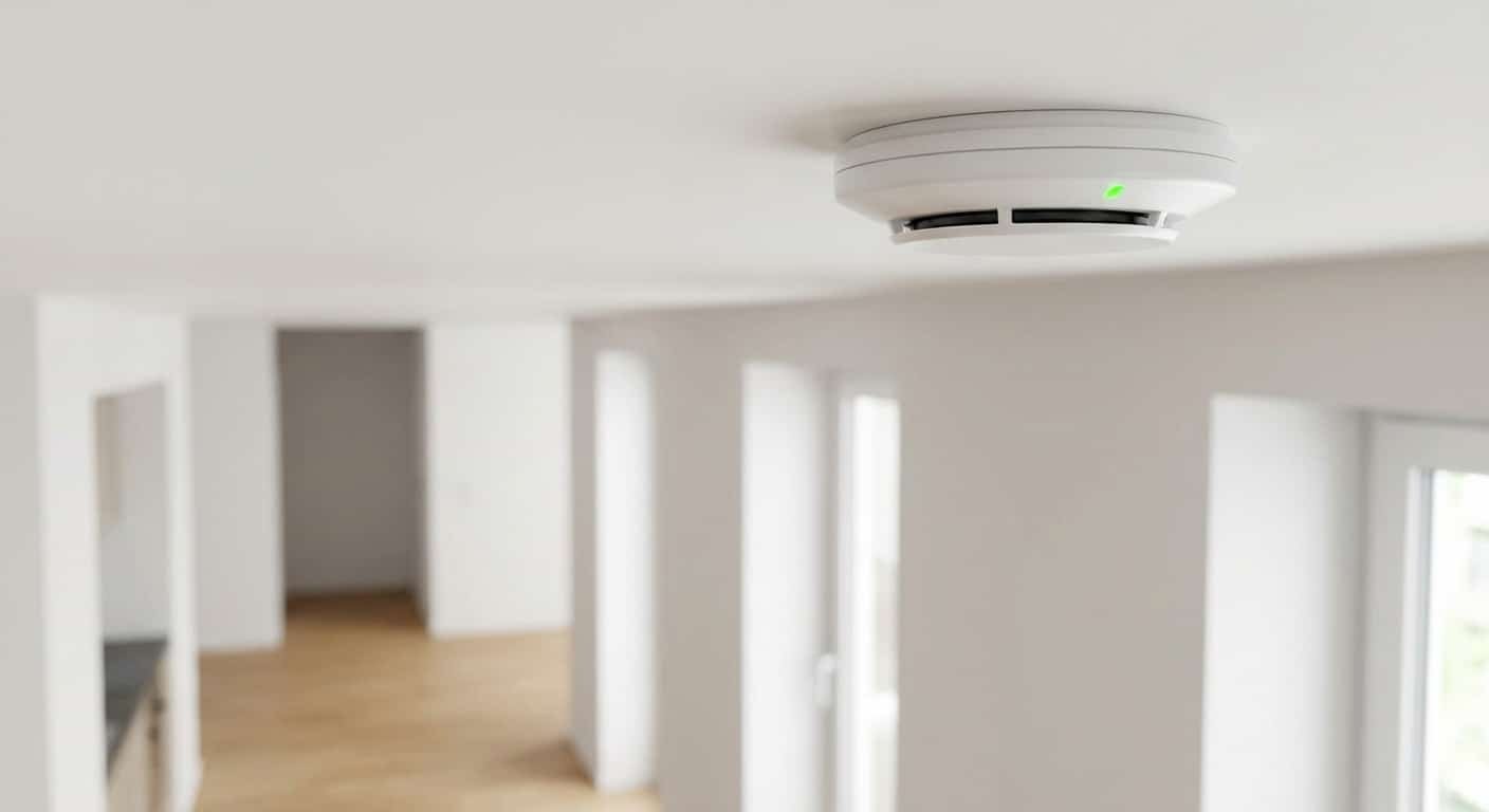 Detecteur de fumee installe au plafond dans un couloir d appartement