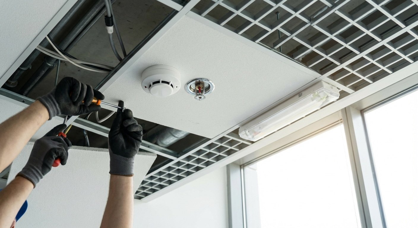 Système de détection incendie au plafond d'un bureau