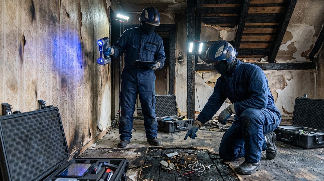 Deux enquêteurs en uniformes bleus analysent une pièce incendiée. L'un utilise un scanner 3D, l'autre examine des débris au sol.