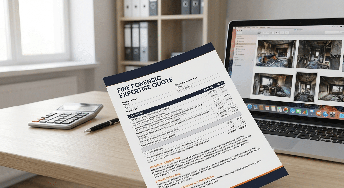 Devis expertise incendie Fire Forensic avec grille tarifaire et calculatrice sur un bureau professionnel