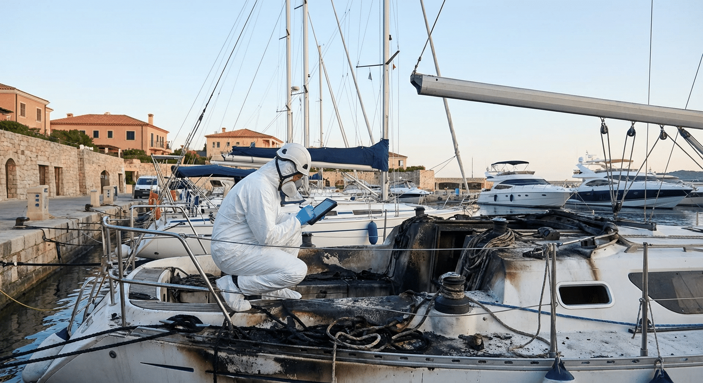 Expert incendie examinant un yacht endommagé par le feu au port