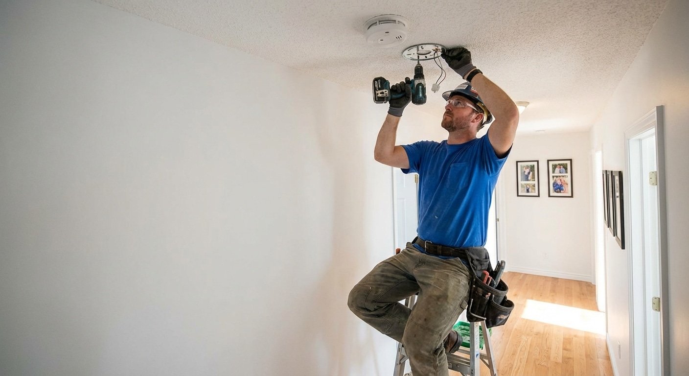 Electricien installant un detecteur de fumee au plafond