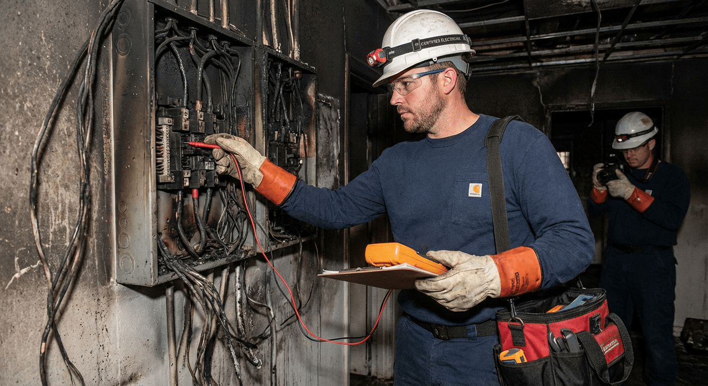 Électricien réalisant un diagnostic électrique après incendie