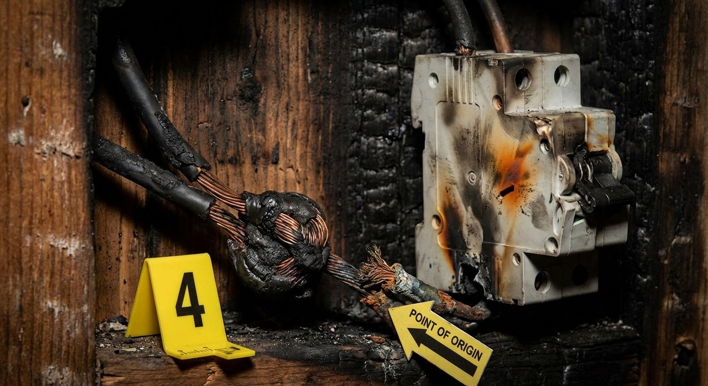 Fils électriques brûlés et disjoncteur fondu, point d'origine du feu