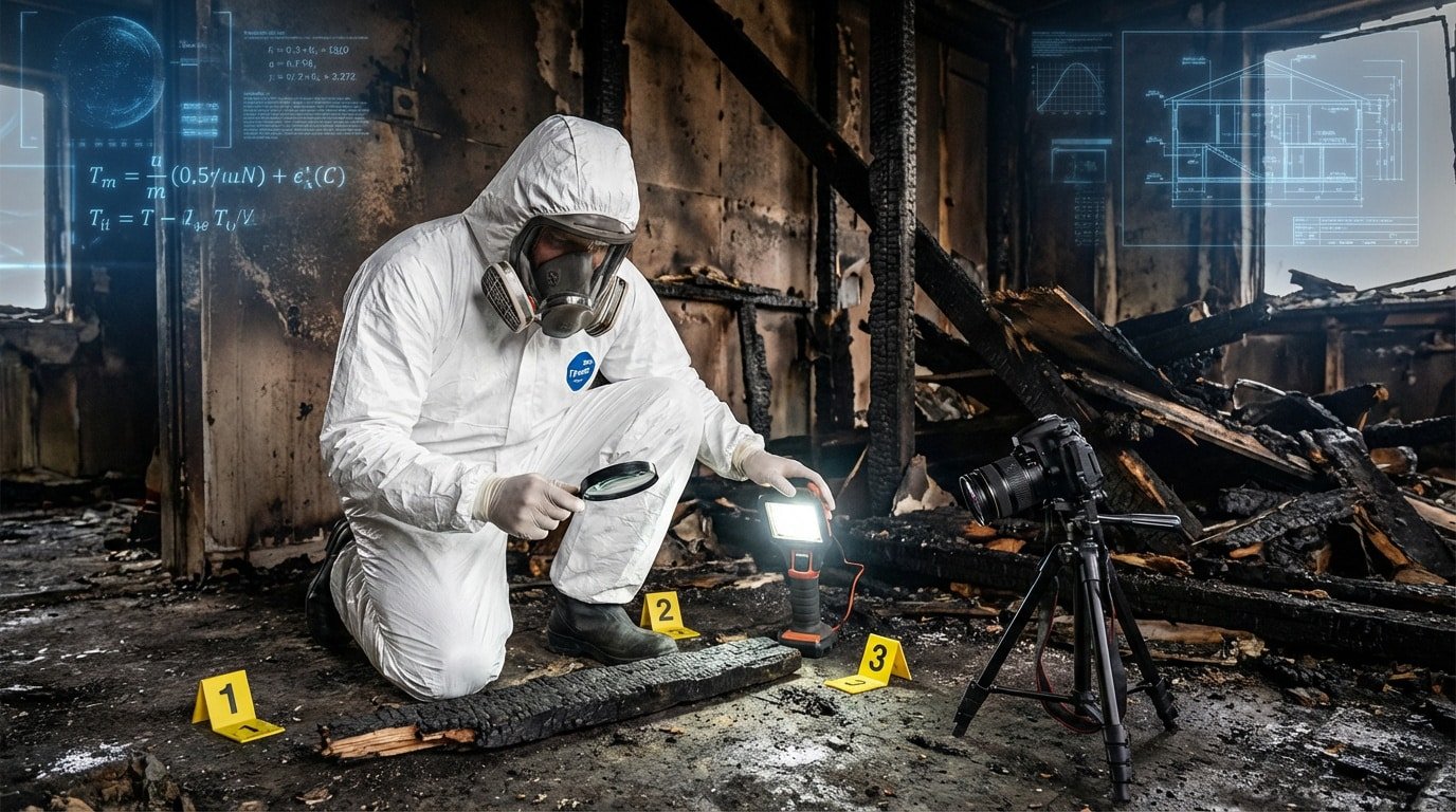 Enquêteur en tenue Tyvek avec masque, loupe et lampe, sur une scène d'incendie dévastée, avec affichage de données et plans.