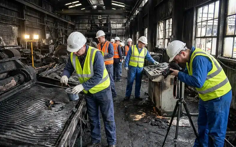 Equipe d experts incendie examinant les degats en usine