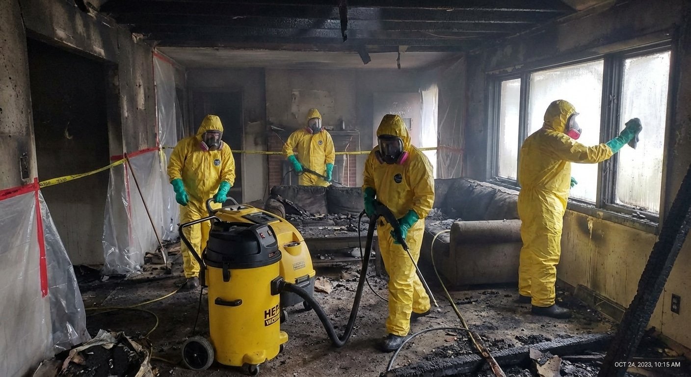 Équipe de décontamination dans une maison après incendie