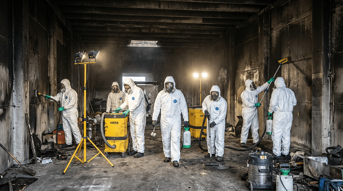 Équipe de décontamination professionnelle en combinaisons de protection nettoyant un bâtiment endommagé par un incendie