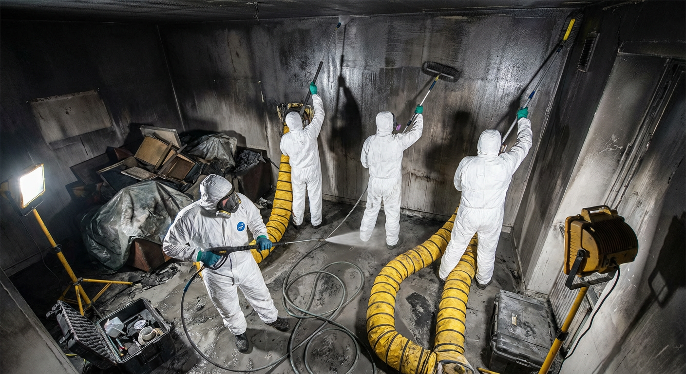 Equipe de nettoyage professionnel apres incendie